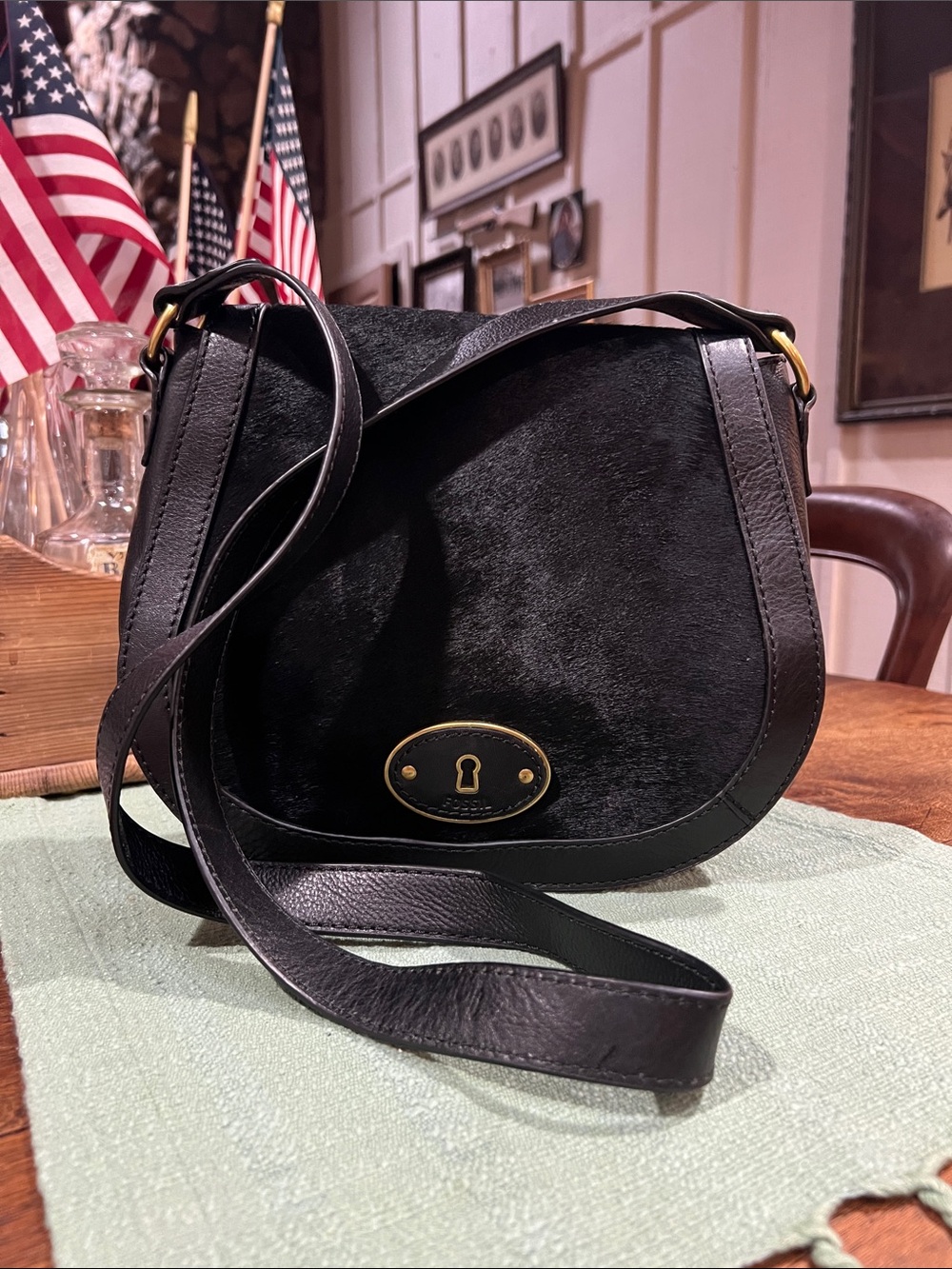 Fossil Vintage Re-Issue Black Leather Calf Hair Saddle Bag